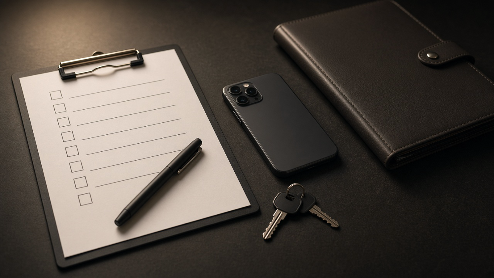 A clipboard checklist, a pen, a face-down phone, a house key, and a closed contract folder