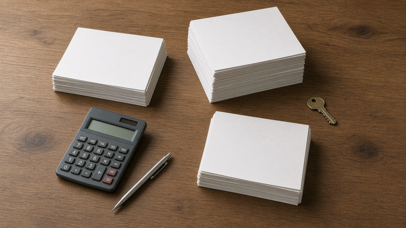 Three separate stacks of blank paper, a calculator, a pencil, and a house key on a wood desk