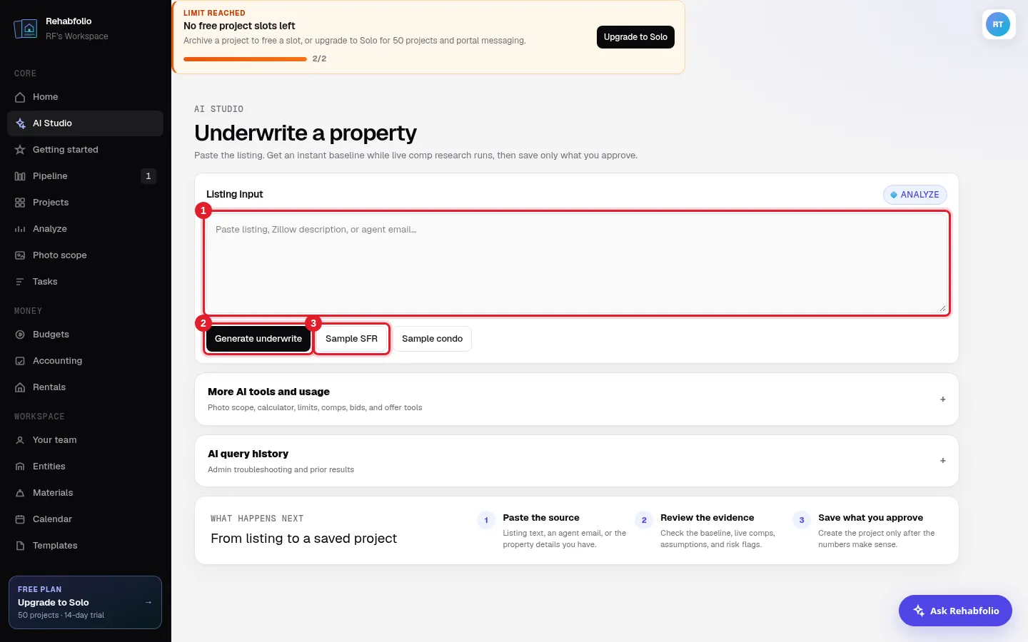 AI Studio: paste the listing, then click Generate underwrite.