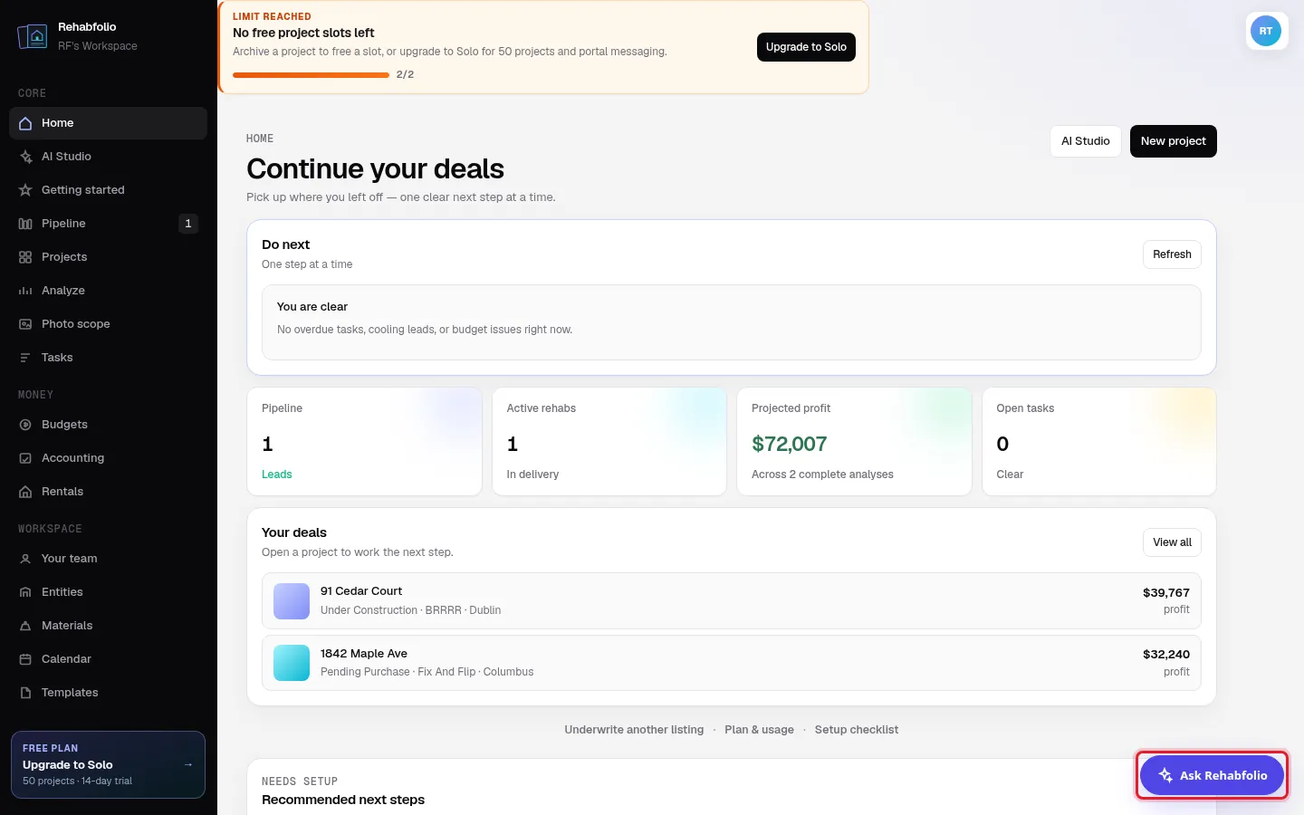 The Ask Rehabfolio button sits at the bottom right of every workspace page.