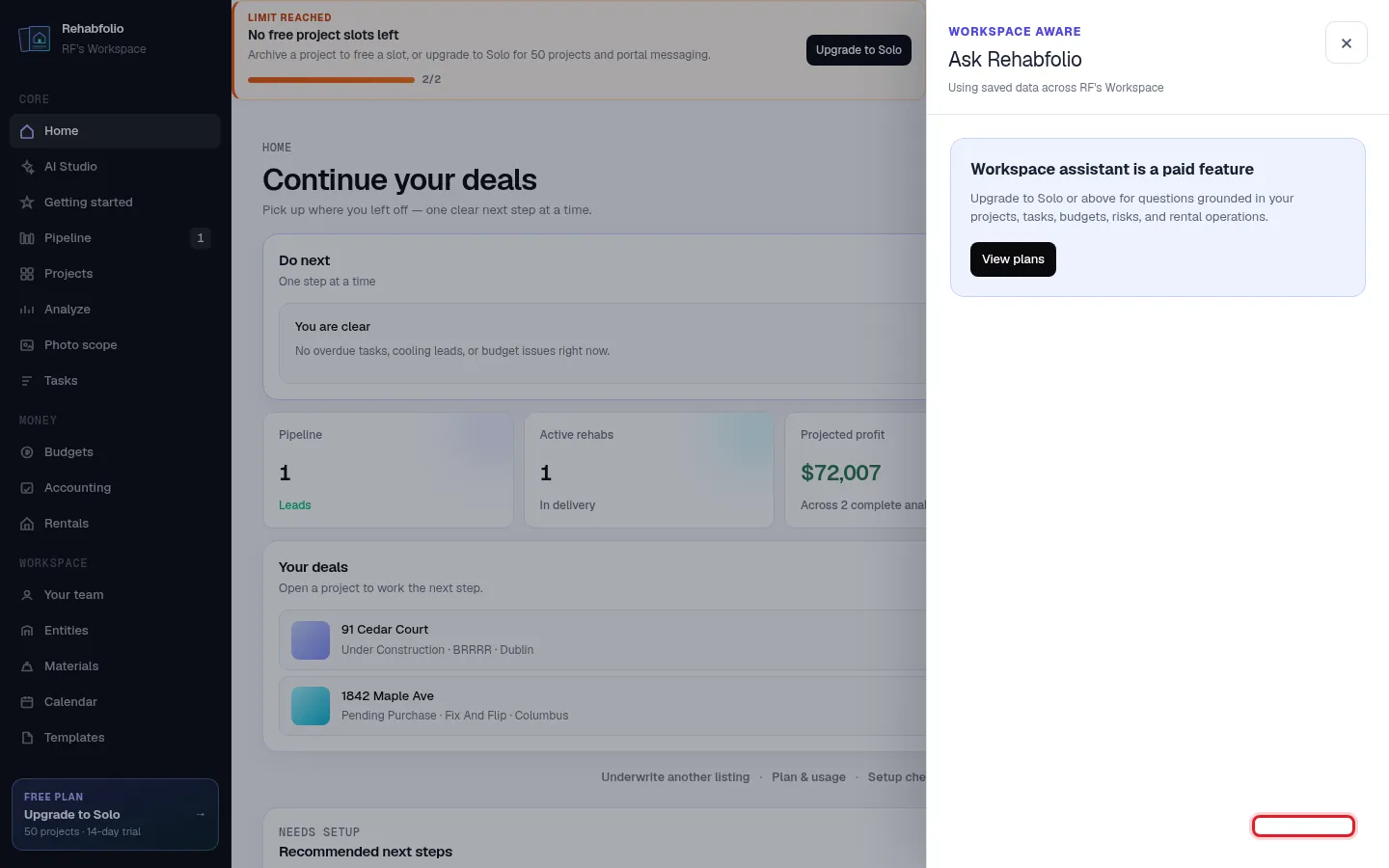 Ask Rehabfolio opens on the right side of the screen.