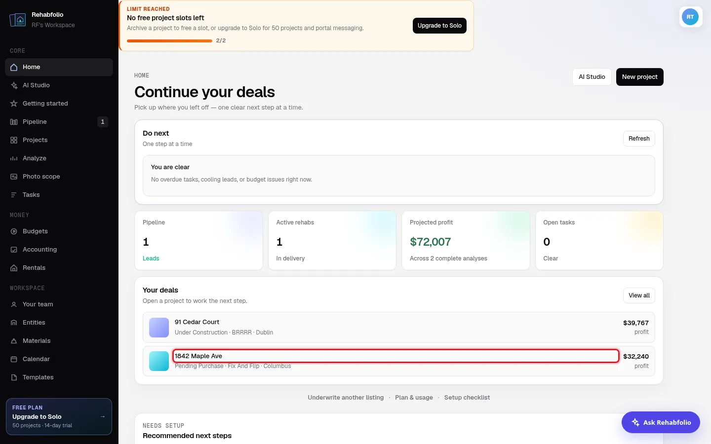 Click a deal under Your deals to open it.