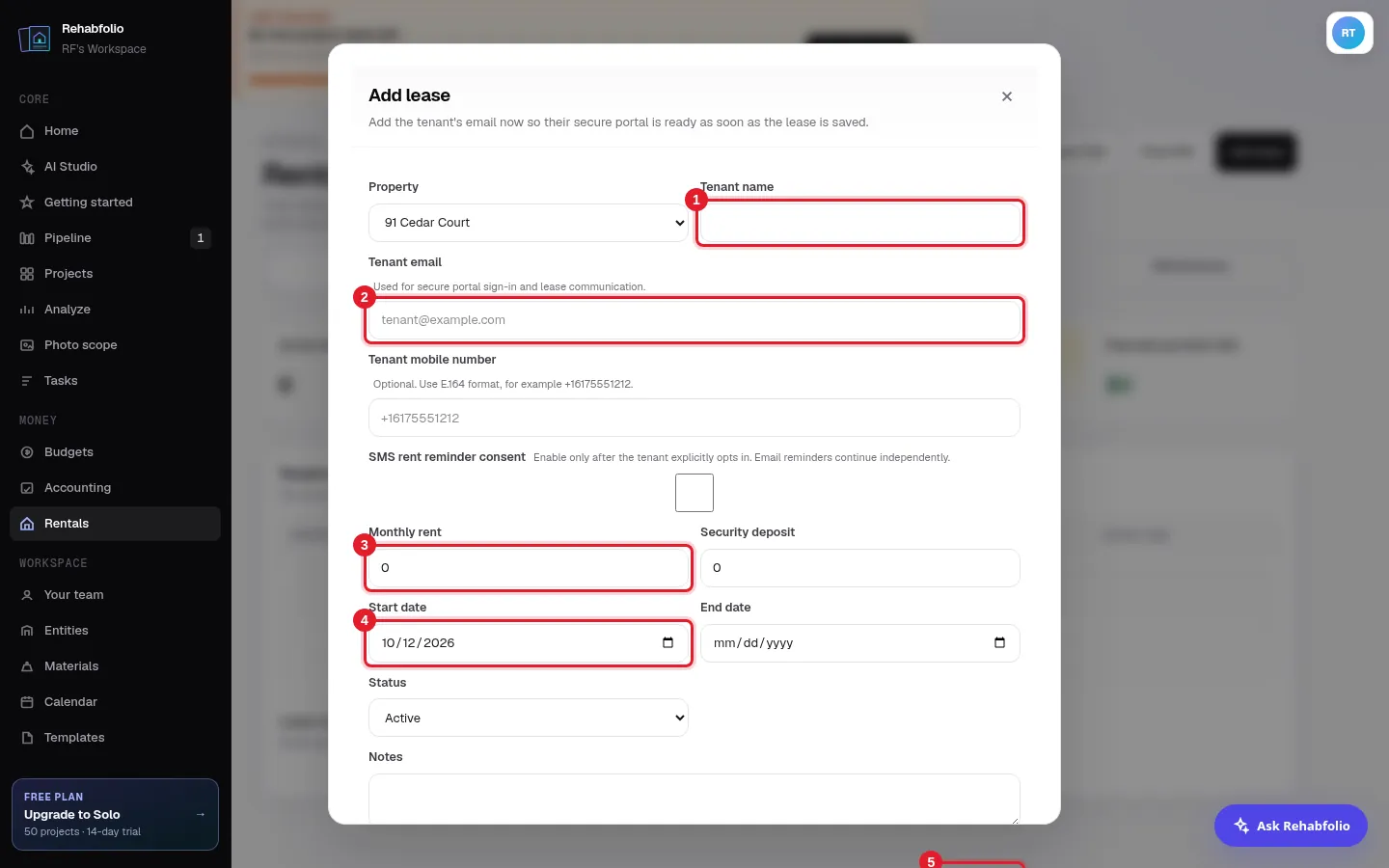 The Add lease form.
