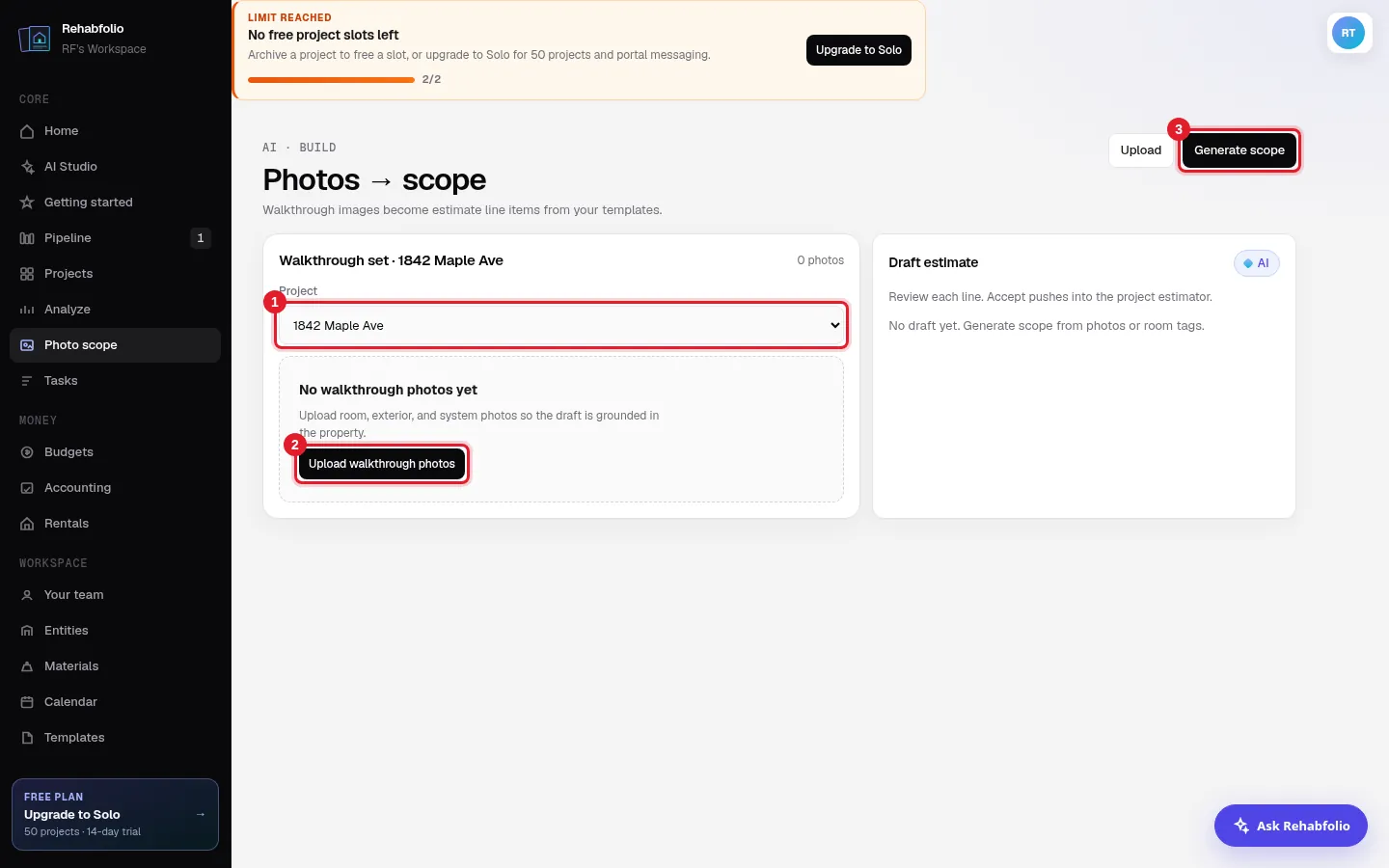 Photo scope: pick the project, upload photos, then Generate scope.