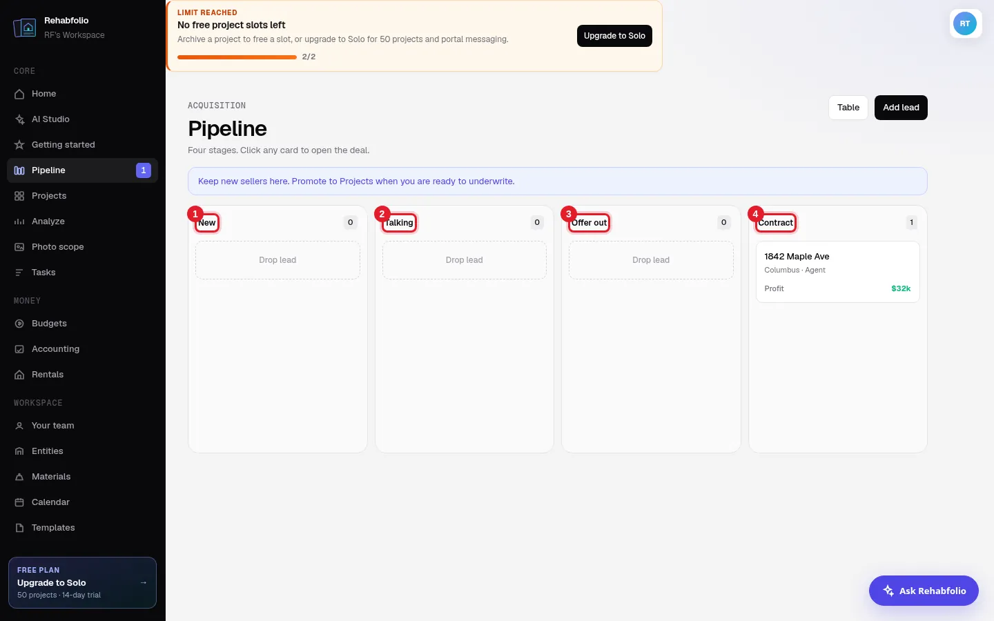 The Pipeline board: New, Talking, Offer out, Contract.