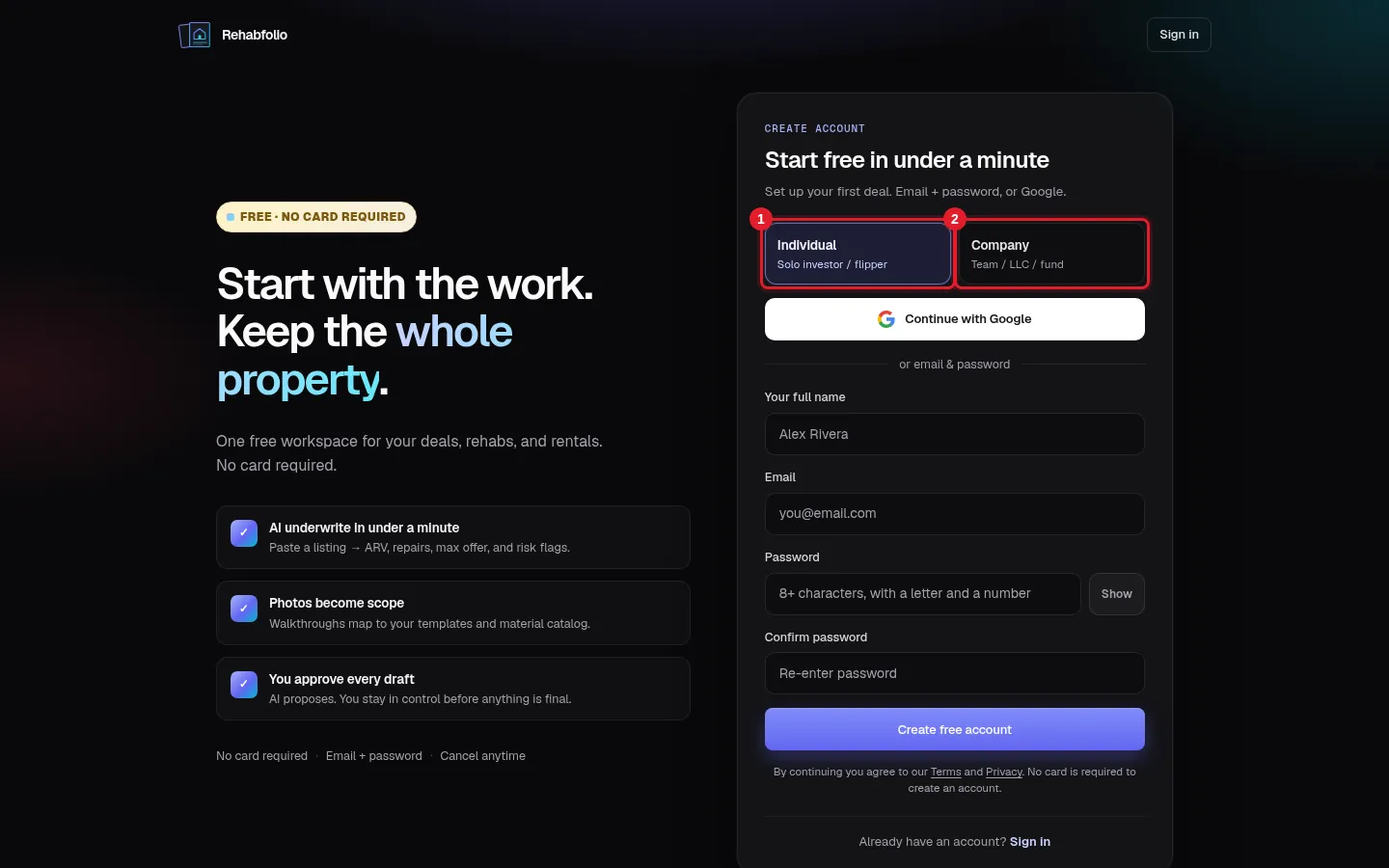 The Create account page. Pick Individual or Company first.