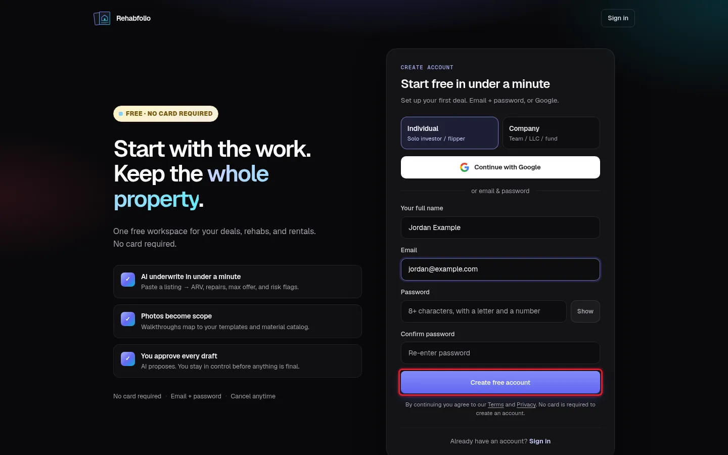 Fill in your name, email, and password, then click Create free account.