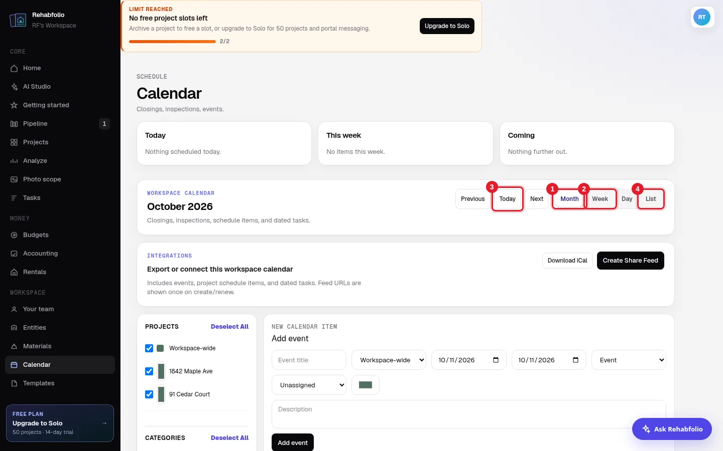 The workspace calendar views.