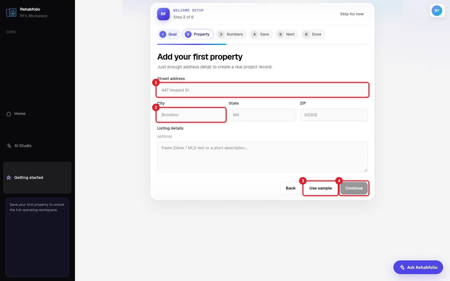 Step 2 of 6: add the street address, city, state, and ZIP, or click Use sample.