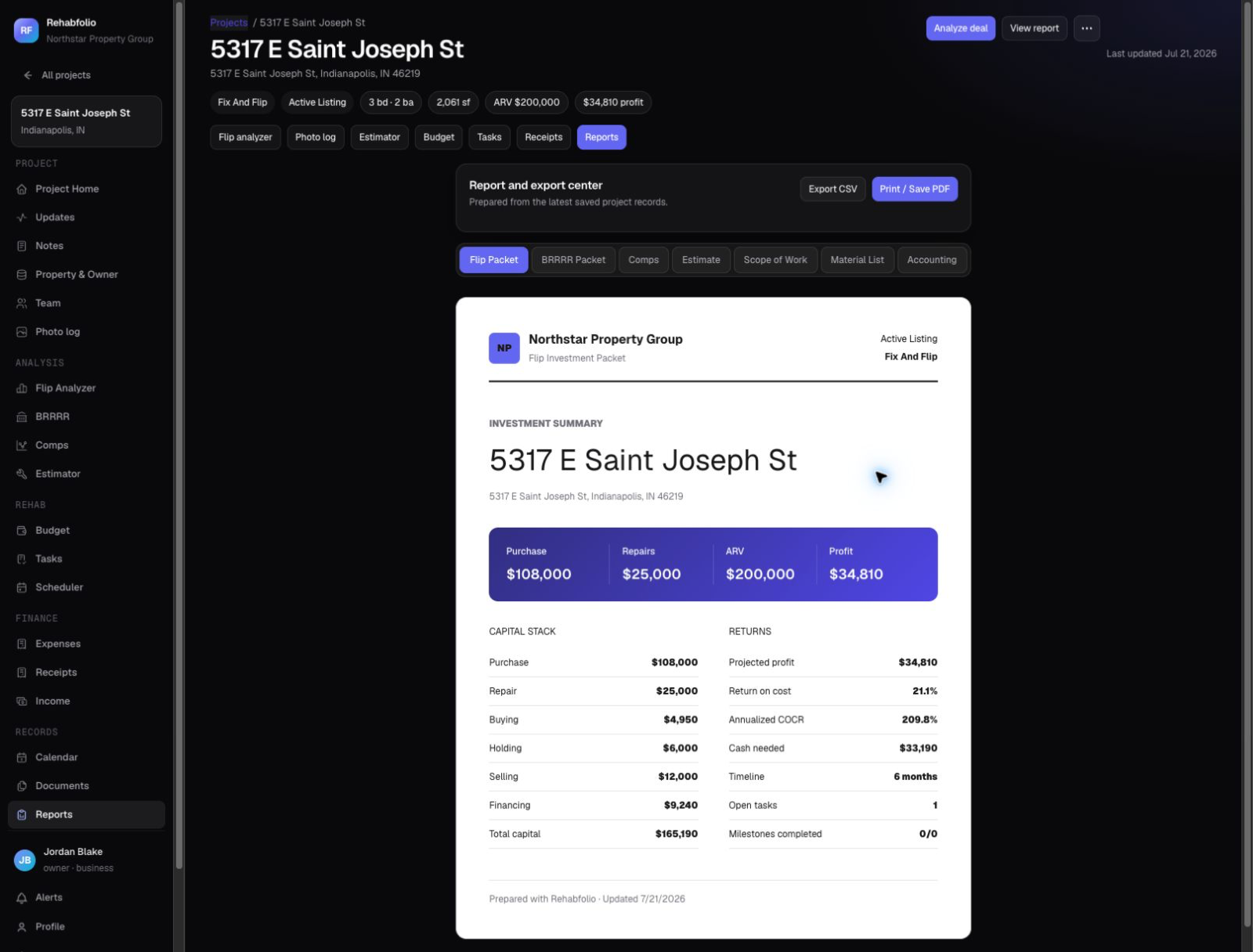 Real Rehabfolio screenshot: a flip investment packet for 5317 E Saint Joseph St with purchase, repairs, ARV, capital stack, and returns
