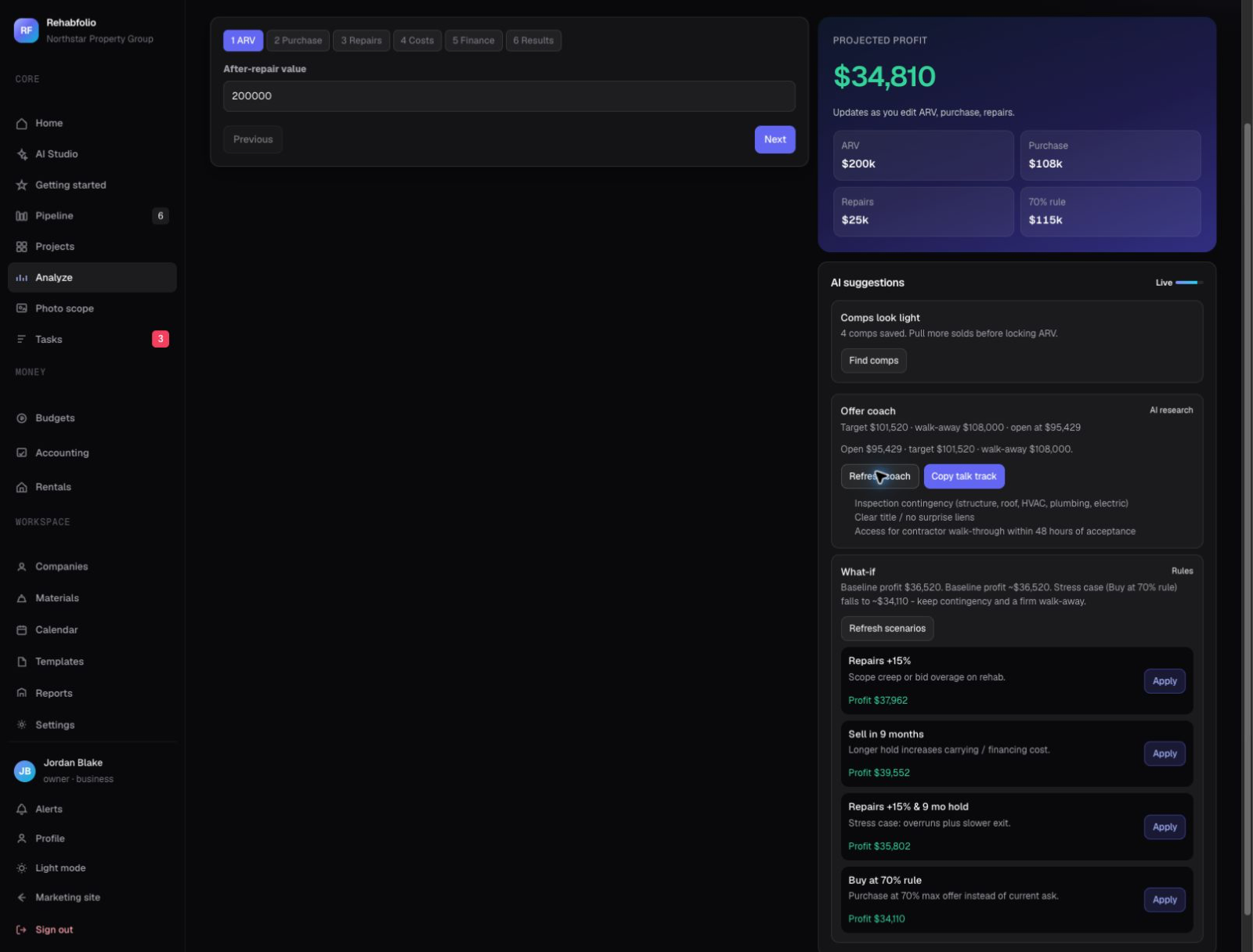 Real Rehabfolio screenshot: AI what-if scenarios showing profit under repairs +15%, a 9-month hold, and buying at the 70% rule